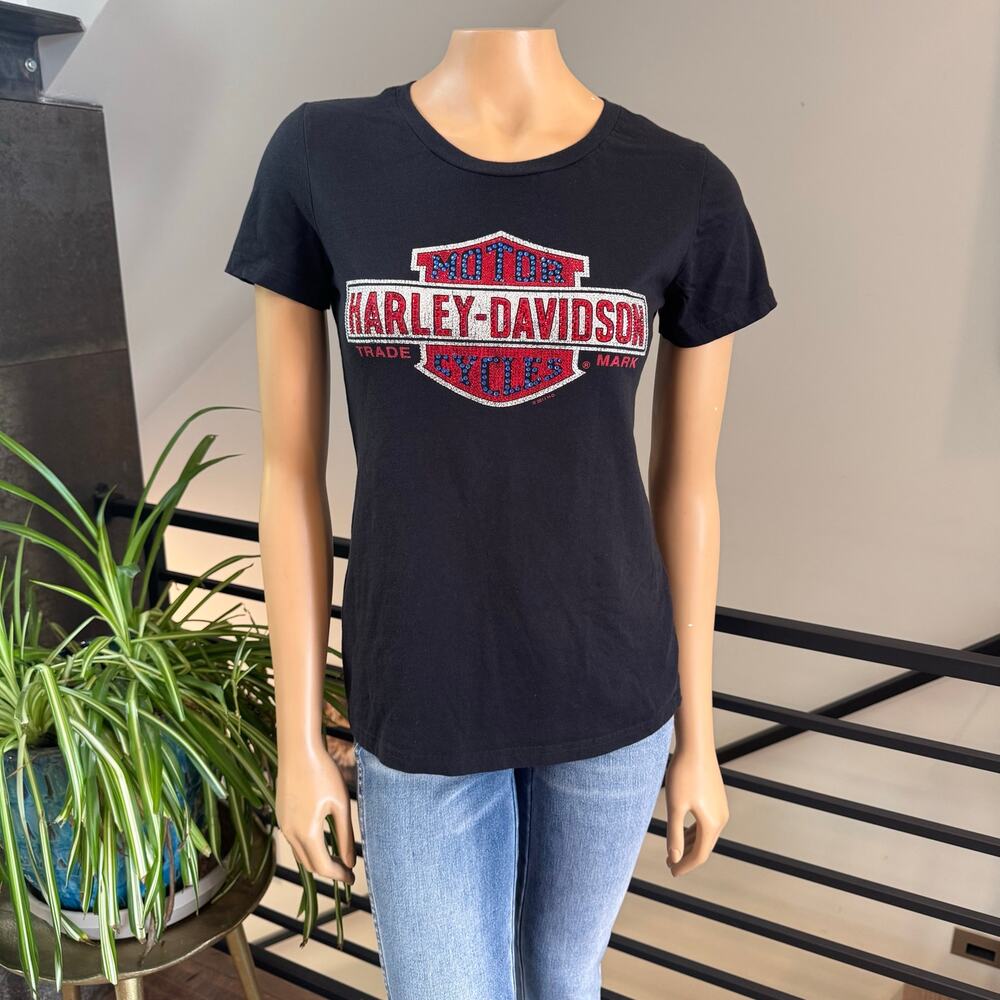 Harley-Davidson Women's M Rhinestone T-Shirt Big Moose Portland Maine Black
